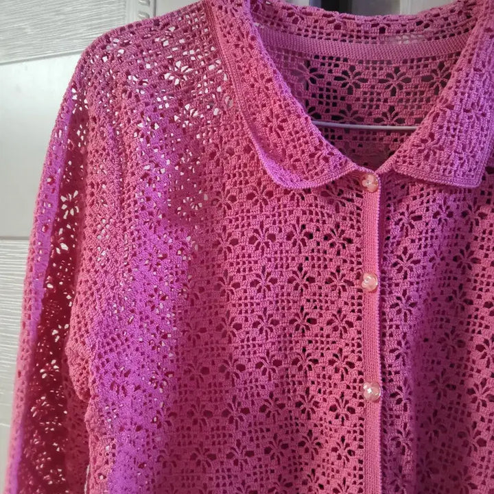 [BUNJANG] Pink Collar Handmade Knit Cardigan / 핑크색 카라 손뜨개 가디건