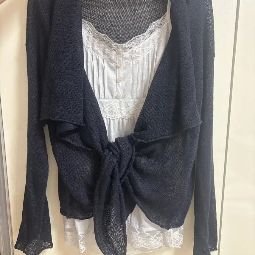 [BUNJANG] Vintage Navy Summer Asymmetric Sheer Cardigan / 빈티지 네이비 여름 언발 시스루 타이 가디건 바캉스룩