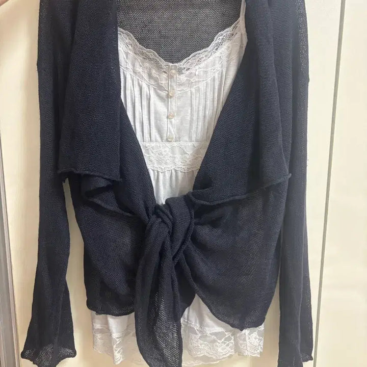 [BUNJANG] Vintage Navy Summer Asymmetric Sheer Cardigan / 빈티지 네이비 여름 언발 시스루 타이 가디건 바캉스룩