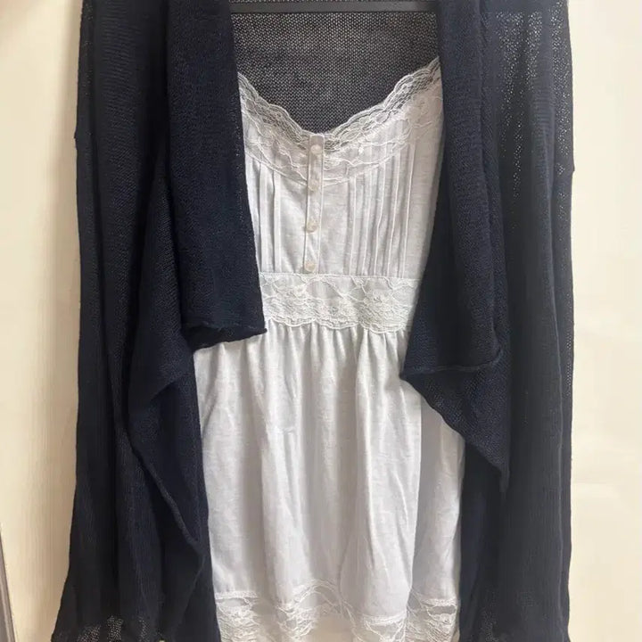 [BUNJANG] Vintage Navy Summer Asymmetric Sheer Cardigan / 빈티지 네이비 여름 언발 시스루 타이 가디건 바캉스룩