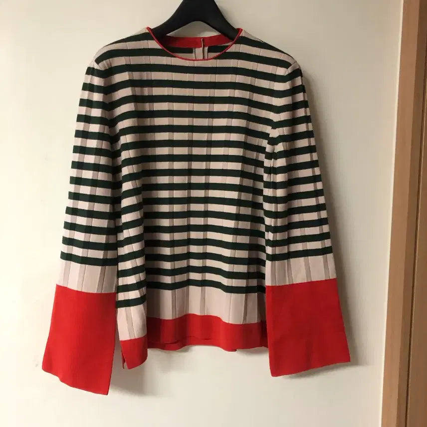 [BUNJANG] MINE Pleated Stripe Knit Top / 한섬 마인 MINE 플리츠 주름 스트라이프 니트 탑