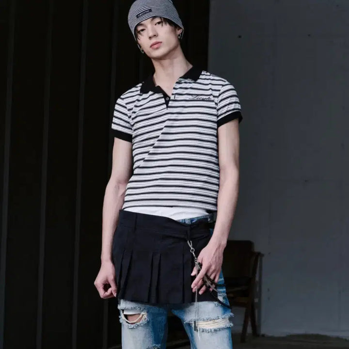 [BUNJANG] Recito Mirage Multi Stripe PK T-Shirt (White, Free Size) / 레씨토 스트라이프 반팔 티셔츠 PK 새상품 선착순 세일(가격내림)