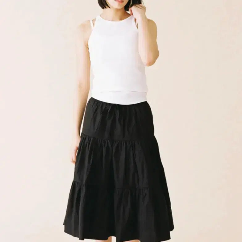 [BUNJANG] Tiered Long Skirt (Black/White) / 곤니치와봉쥬르 셔링 스커트 블랙, 화이트 (티어드 롱스커트)