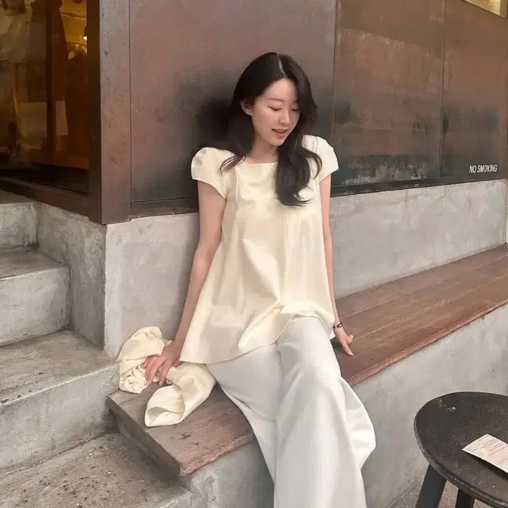 [BUNJANG] Noksip Boatneck Overlap Blouse Cream / 녹섭 보트넥 오버랩 블라우스 크림