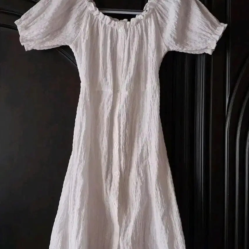 [BUNJANG] White Puff Sleeve Button Midi Dress / 화이트 퍼프 소매 단추 원피스