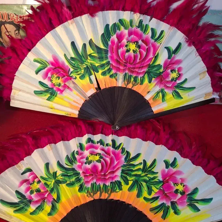 [BUNJANG] Handmade Large Folding Fan Set with Feather and Folk Flower Painting / 그림 대형부채 2점