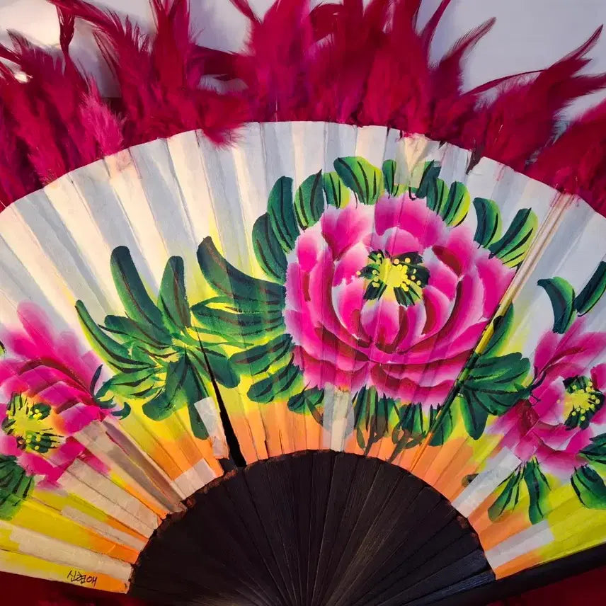 [BUNJANG] Handmade Large Folding Fan Set with Feather and Folk Flower Painting / 그림 대형부채 2점