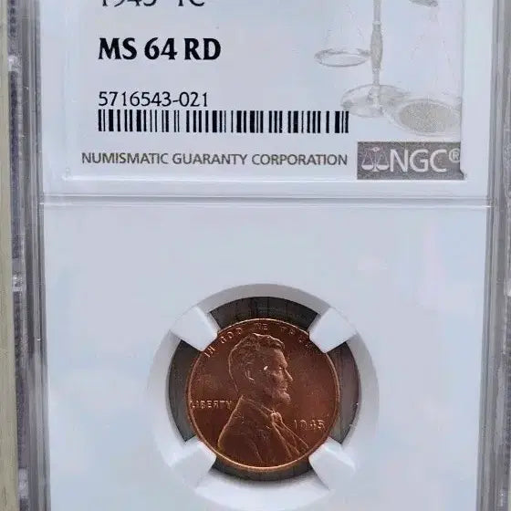 [BUNJANG] 1945 Lincoln Cent NGC MS64 RD Coin / 1945 1센트 동전 NGC MS64 RD