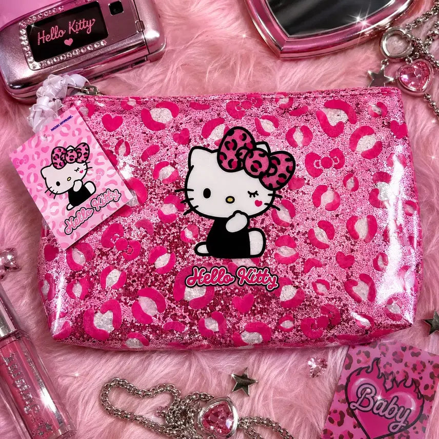 [BUNJANG] Sanrio Hello Kitty Leopard Pink Glitter PVC Pouch / 산리오 헬로키티 호피 핑크 반짝반짝 글리터 pvc 파우치