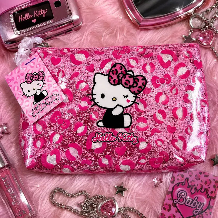 [BUNJANG] Sanrio Hello Kitty Leopard Pink Glitter PVC Pouch / 산리오 헬로키티 호피 핑크 반짝반짝 글리터 pvc 파우치