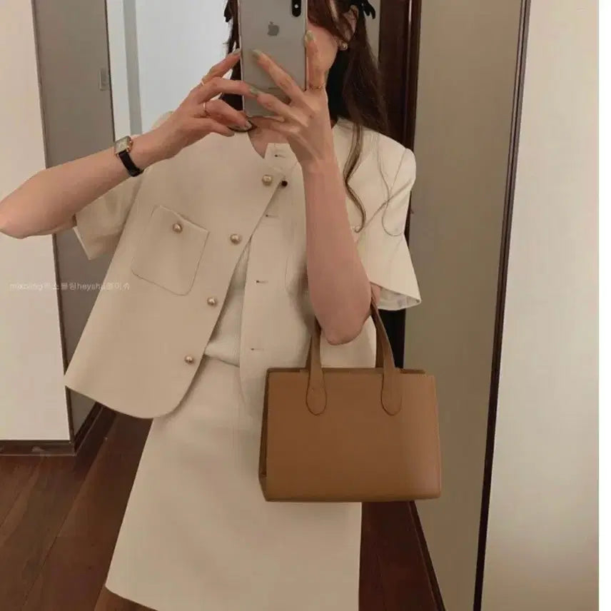 [BUNJANG] Mixxmix No Collar Jacket Skirt Set / 믹스블링 노카라 자켓 스커트 세트