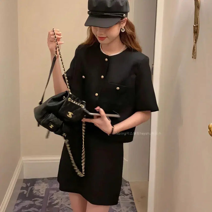 [BUNJANG] Mixxmix Sleeveless Jacket and Skirt Set / 믹스블링 노카라 반팔 자켓과 스커트 세트
