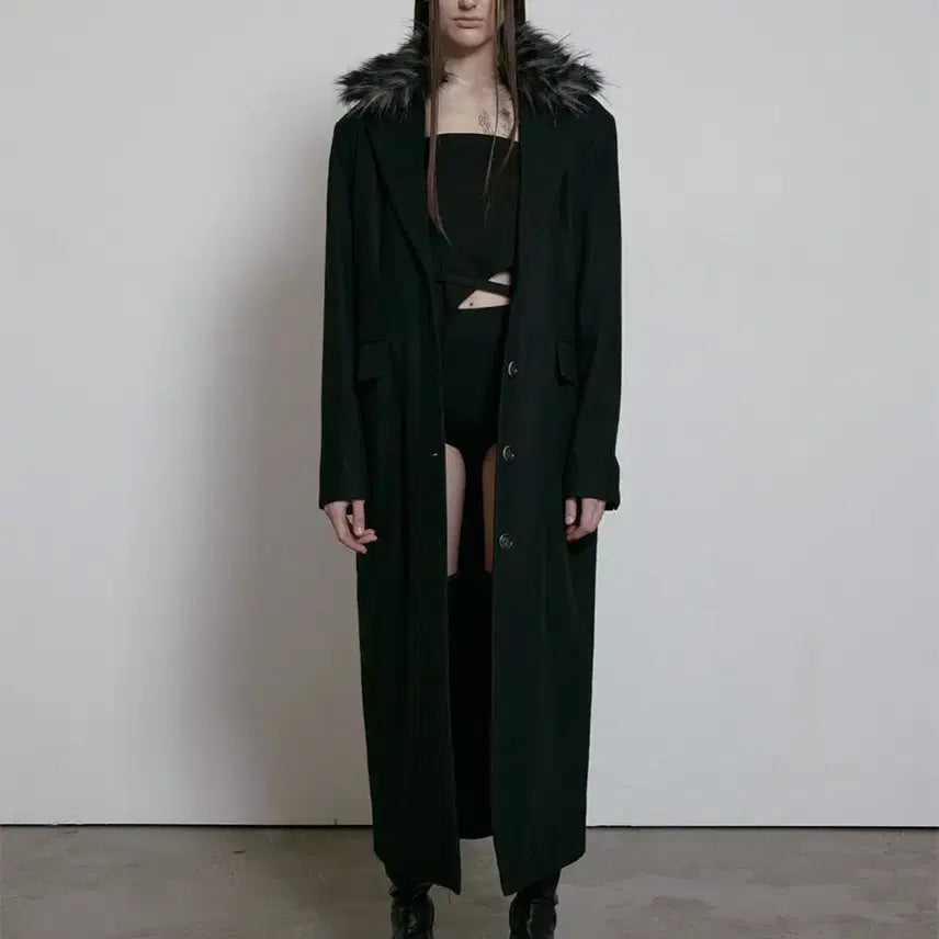 [BUNJANG] Bohemian Seoul Fur Collar Two-Way Wool Maxi Coat Black / 보헤미안서울 퍼 카라 투웨이 울 맥시 코트 블랙 / 보헴서 롱코트