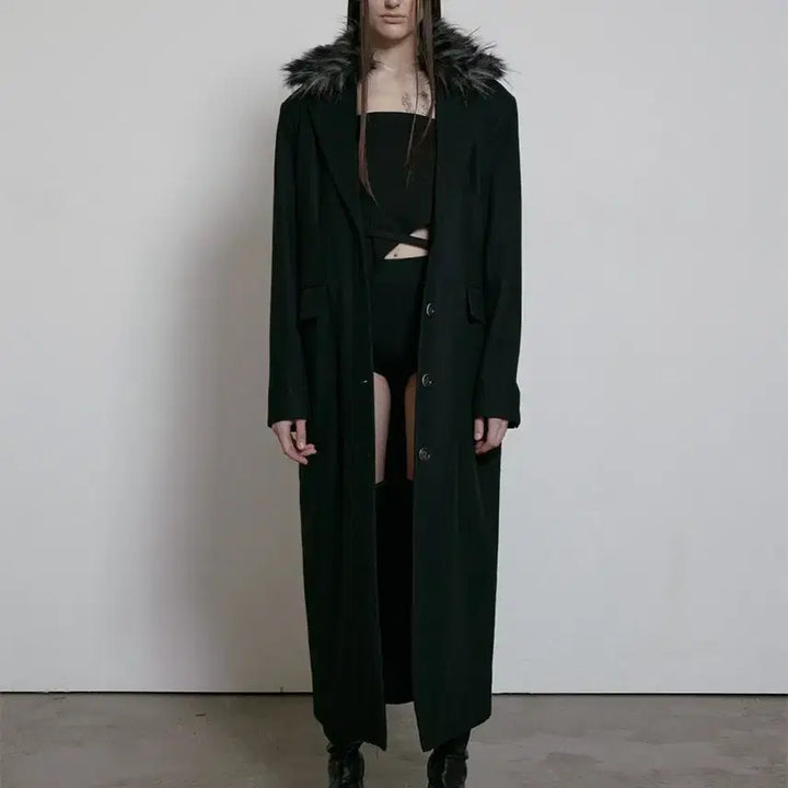 [BUNJANG] Bohemian Seoul Fur Collar Two-Way Wool Maxi Coat Black / 보헤미안서울 퍼 카라 투웨이 울 맥시 코트 블랙 / 보헴서 롱코트