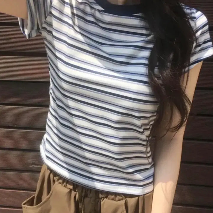 [BUNJANG] Rotten Color-Block Striped Short-Sleeve T-Shirt / 로틴 배색 스트라이프 반팔 티셔츠