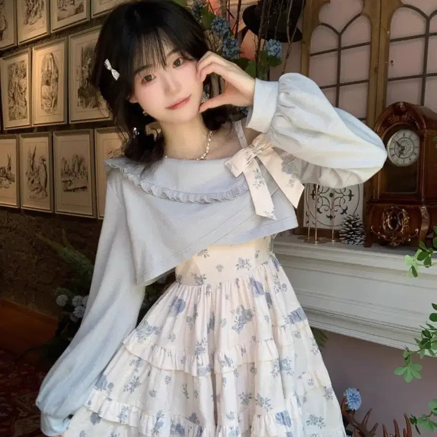 [BUNJANG] Light Blue Floral Layered Set: Cardigan + Camisole Dress / 연한 블루 꽃무늬 레이어드 세트 가디건+플라워 끈나시 원피스 세트