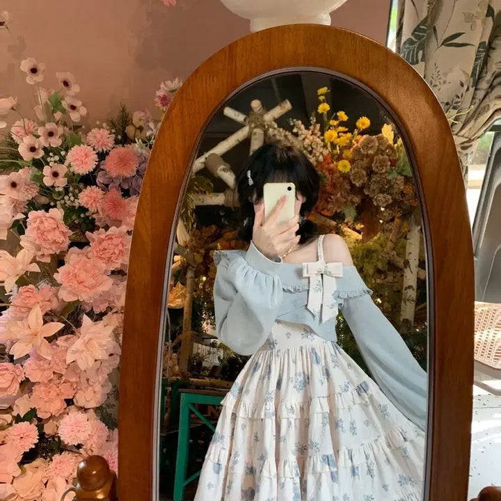 [BUNJANG] Light Blue Floral Layered Set: Cardigan + Camisole Dress / 연한 블루 꽃무늬 레이어드 세트 가디건+플라워 끈나시 원피스 세트