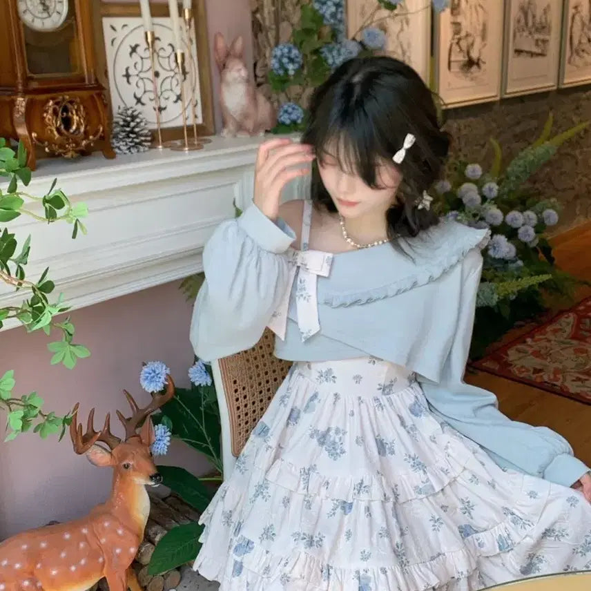 [BUNJANG] Light Blue Floral Layered Set: Cardigan + Camisole Dress / 연한 블루 꽃무늬 레이어드 세트 가디건+플라워 끈나시 원피스 세트