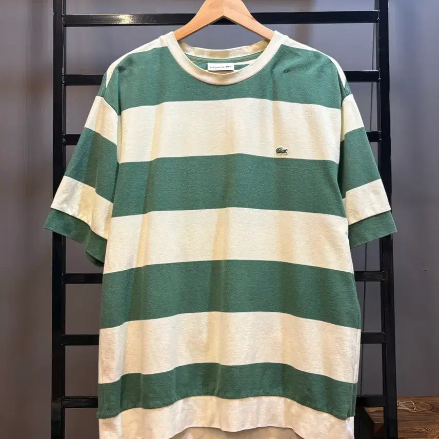 [BUNJANG] Lacoste Wide Border Stripe Short Sleeve T-Shirt Green/Cream (FR 5 / US L) / [FR5 / US L] 라코스테 와이드 보더 스트라이프 반팔 티셔츠 그린