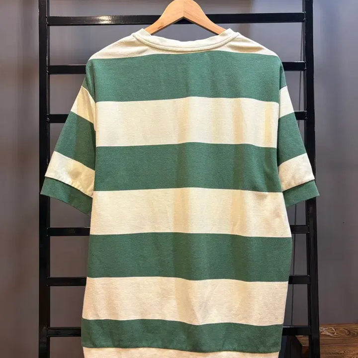 [BUNJANG] Lacoste Wide Border Stripe Short Sleeve T-Shirt Green/Cream (FR 5 / US L) / [FR5 / US L] 라코스테 와이드 보더 스트라이프 반팔 티셔츠 그린