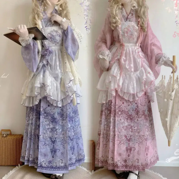 [BUNJANG] Chinese Style Lolita Floral Print Two-Piece Wide Sleeve Blouse and Linen Skirt Set / 중화풍 로리타 꽃무늬 투피스 와이드소매 블라우스 마면치마 세트(2컬러)