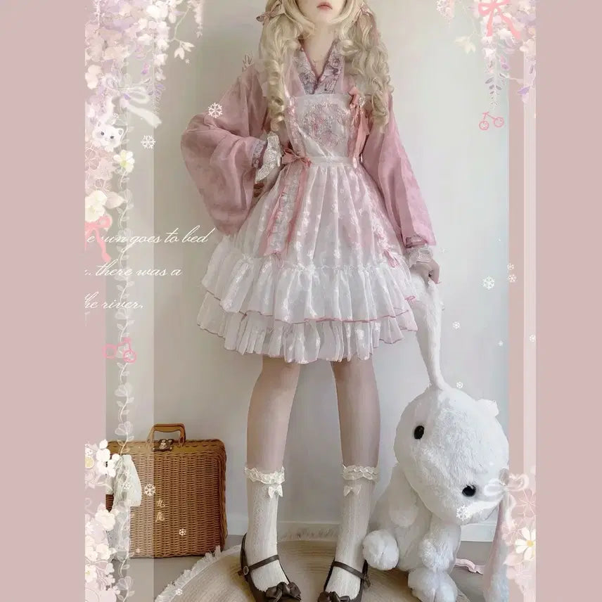 [BUNJANG] Chinese Style Lolita Floral Print Two-Piece Wide Sleeve Blouse and Linen Skirt Set / 중화풍 로리타 꽃무늬 투피스 와이드소매 블라우스 마면치마 세트(2컬러)