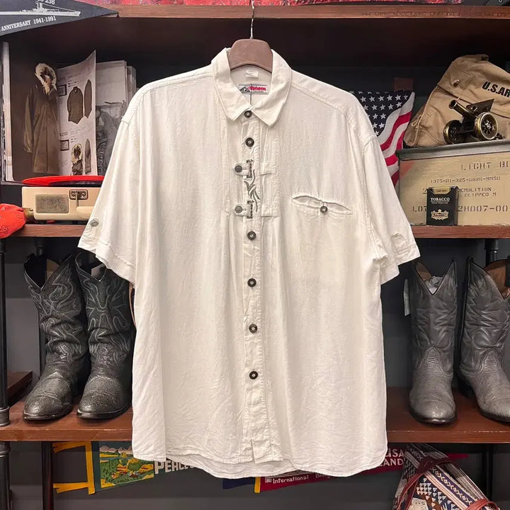 [BUNJANG] 80s Leaf Embroidery Silver Button Bavarian Linen Shirt / 80s 리프자수 실버버튼 트라흐텐 바바리안 린넨셔츠 N1686 쿠바