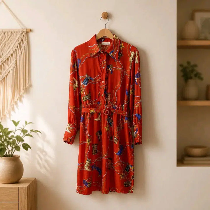 [BUNJANG] Sandro Chain Pattern Ruffled Belted Dress / 산드로(Sandro) 체인 패턴 프릴 벨티드 원피스 36사이즈