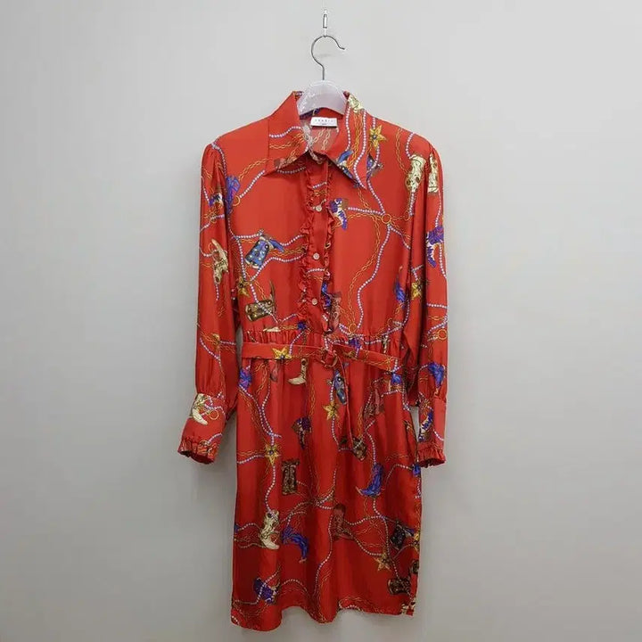 [BUNJANG] Sandro Chain Pattern Ruffled Belted Dress / 산드로(Sandro) 체인 패턴 프릴 벨티드 원피스 36사이즈