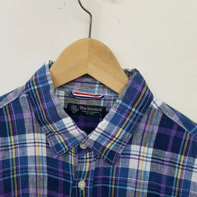 [BUNJANG] 100% Linen Check Half-Sleeve Shirt (Blue, Standard Fit) / Blue standard 린넨 100% 체크 칠부 셔츠