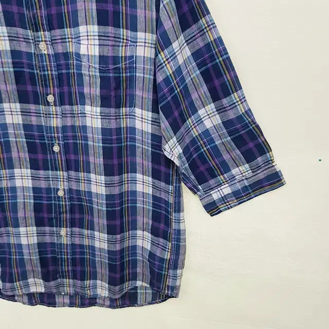 [BUNJANG] 100% Linen Check Half-Sleeve Shirt (Blue, Standard Fit) / Blue standard 린넨 100% 체크 칠부 셔츠