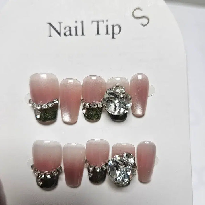 [BUNJANG] Press-On Nail Tips - Long French Gradient Bling Rhinestone &amp; Charm Design / 붙이는 네일팁 롱팁/프렌치/그라데이션/블링블링/스톤/파츠