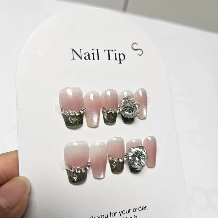 [BUNJANG] Press-On Nail Tips - Long French Gradient Bling Rhinestone &amp; Charm Design / 붙이는 네일팁 롱팁/프렌치/그라데이션/블링블링/스톤/파츠