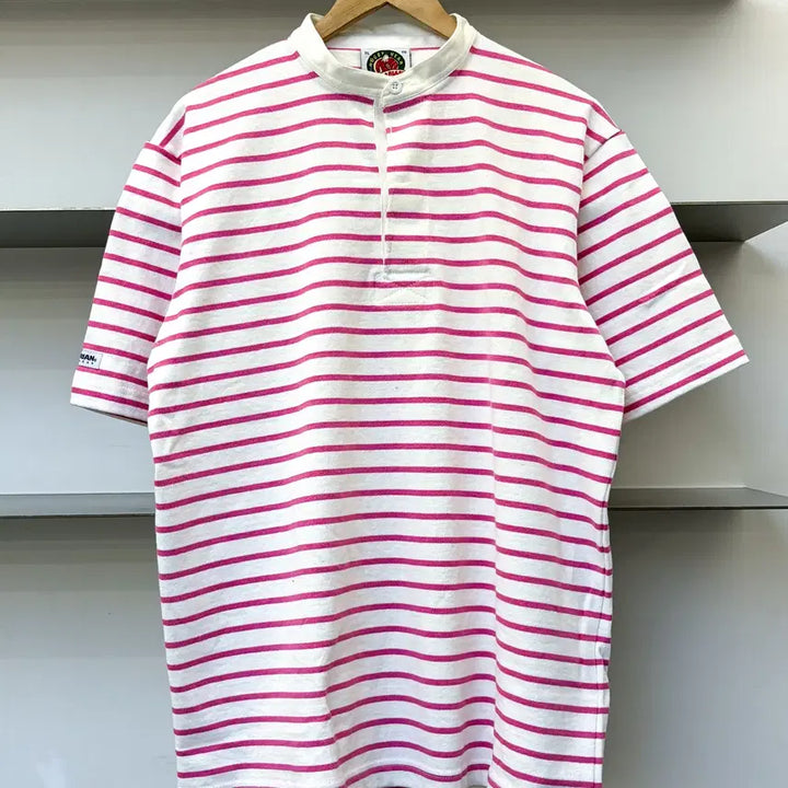 [BUNJANG] Barbarian Pink Stripe Henley Rugby Shirt XL / 바바리안 핑크 스트라이프 헨리넥 럭비 셔츠