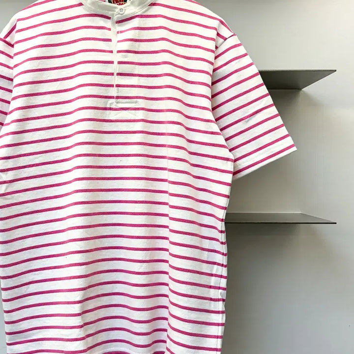 [BUNJANG] Barbarian Pink Stripe Henley Rugby Shirt XL / 바바리안 핑크 스트라이프 헨리넥 럭비 셔츠