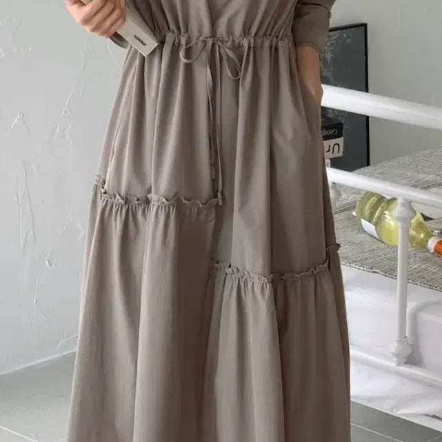 [SOLD OUT] 카라넥 스판 허리스트리랩 캉캉 언발 7부소매 롱 원피스