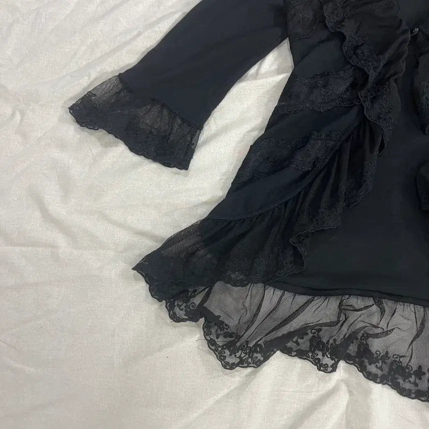 [BUNJANG] AXISFARM Lace Frill See-through One-button Cardigan Black / 엑시즈팜 레이스 프릴 시스루 원버튼 가디건 블랙 모리걸 하구미