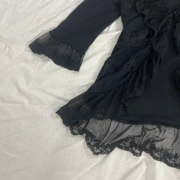 [BUNJANG] AXISFARM Lace Frill See-through One-button Cardigan Black / 엑시즈팜 레이스 프릴 시스루 원버튼 가디건 블랙 모리걸 하구미