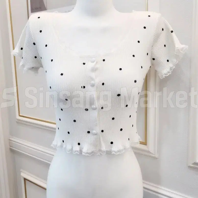 [BUNJANG] Lace Trim Cropped Cardigan / [빠른발송] 땡땡이반팔 레이스 크롭 가디건 CD 비치 섹시 큐티