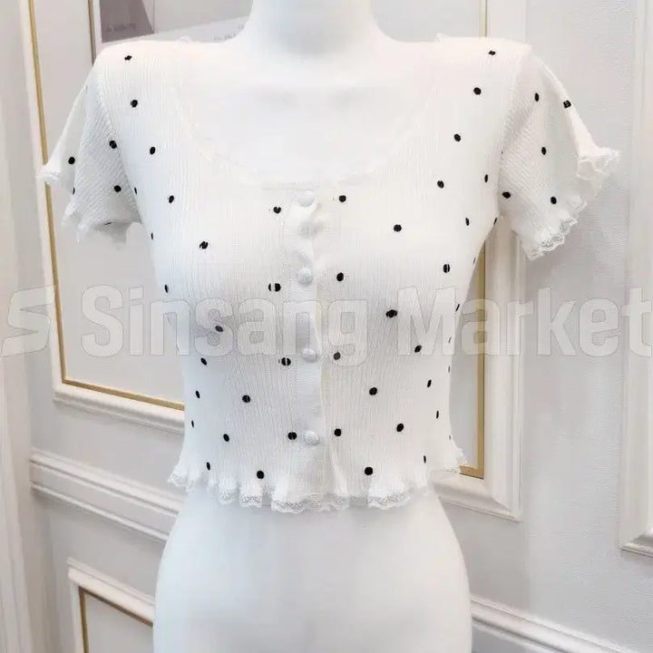 [BUNJANG] Lace Trim Cropped Cardigan / [빠른발송] 땡땡이반팔 레이스 크롭 가디건 CD 비치 섹시 큐티