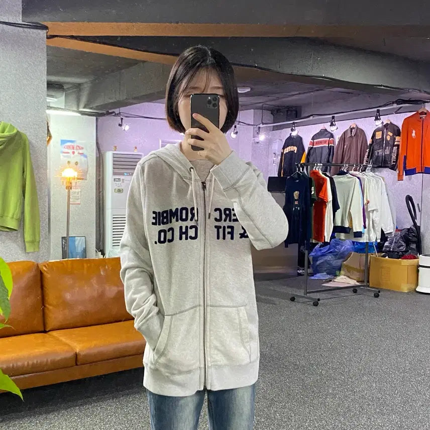 [BUNJANG] Abercrombie &amp; Fitch Big Logo Mélange Grey Hoodie / 아베크롬비 앤 피치 빅로고 멜란지 그레이 후드집업 B5173