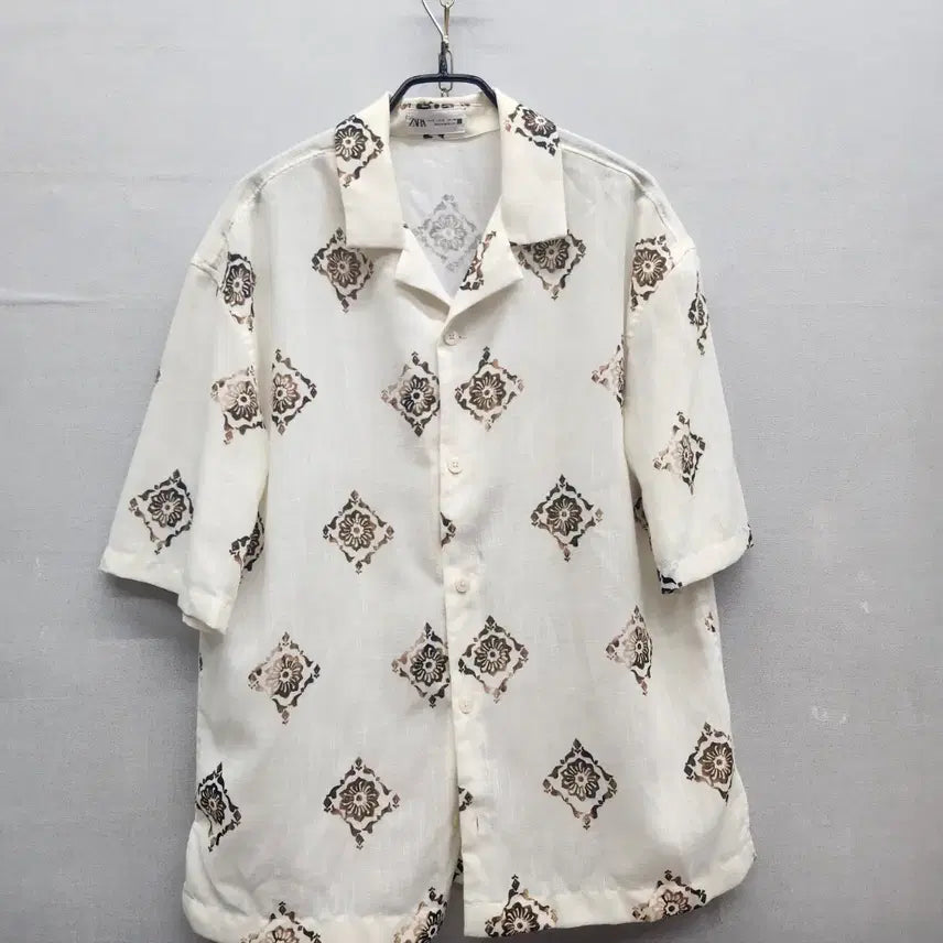 [BUNJANG] ZARA Ethnic Geometric Pattern Linen Blend Short Sleeve Shirt / 자라 ZARA 에스닉 가하학 패턴 린넨 혼방 반팔셔츠