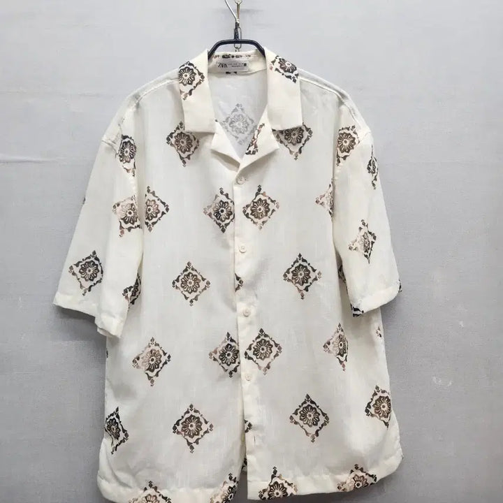 [BUNJANG] ZARA Ethnic Geometric Pattern Linen Blend Short Sleeve Shirt / 자라 ZARA 에스닉 가하학 패턴 린넨 혼방 반팔셔츠