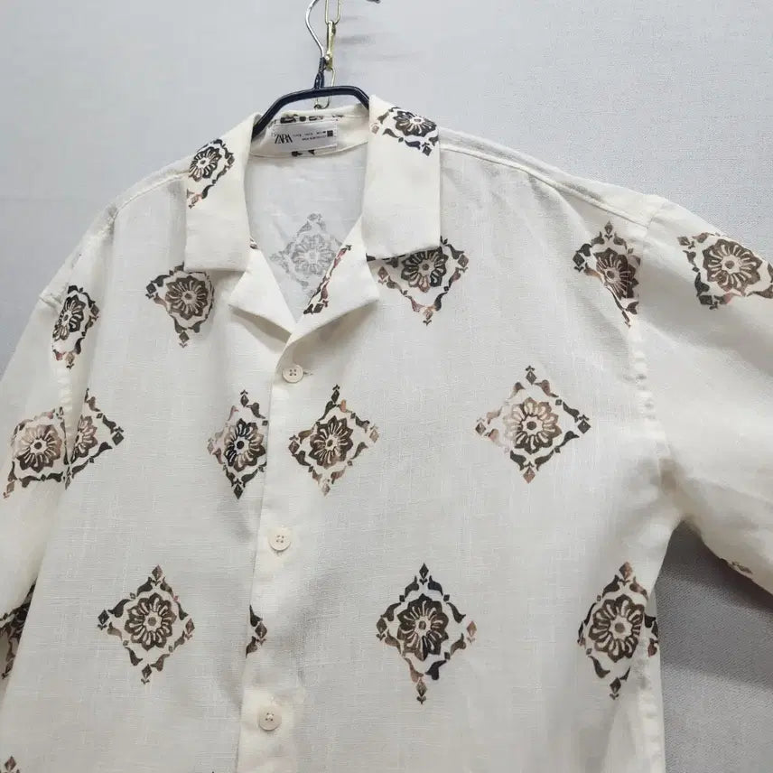 [BUNJANG] ZARA Ethnic Geometric Pattern Linen Blend Short Sleeve Shirt / 자라 ZARA 에스닉 가하학 패턴 린넨 혼방 반팔셔츠