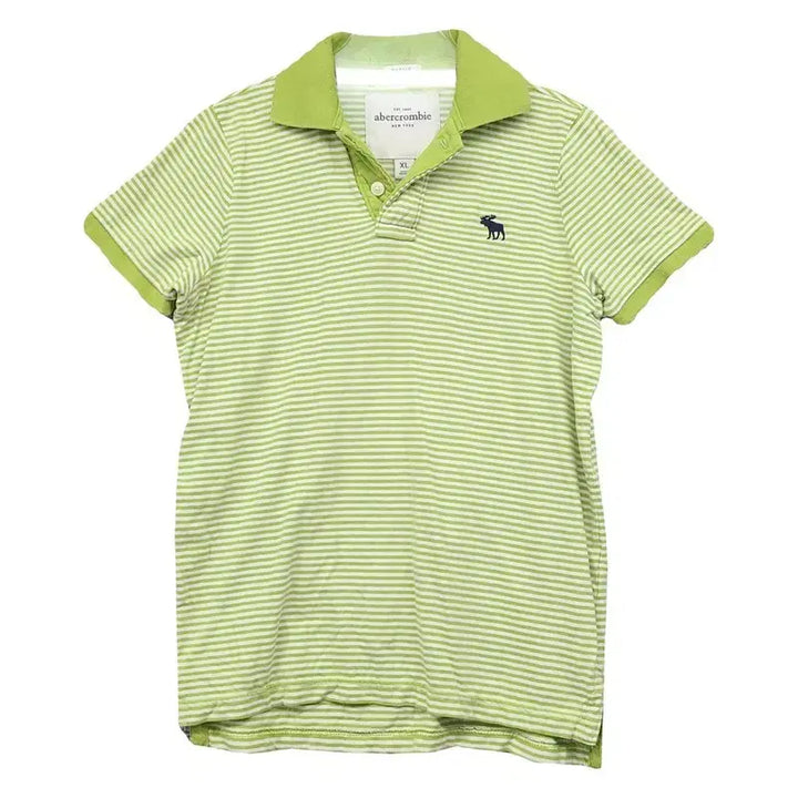 [BUNJANG] Abercrombie &amp; Fitch Striped Short Sleeve Polo Shirt / 아베크롬비 스트라이프 라이트 그린 순록 로고 반팔 카라티 XL