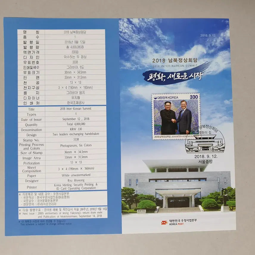 [BUNJANG] 2000 Inter-Korean Summit Commemorative Stamp First Day Cover / 201남북정상회담 기념우표 초일봉투