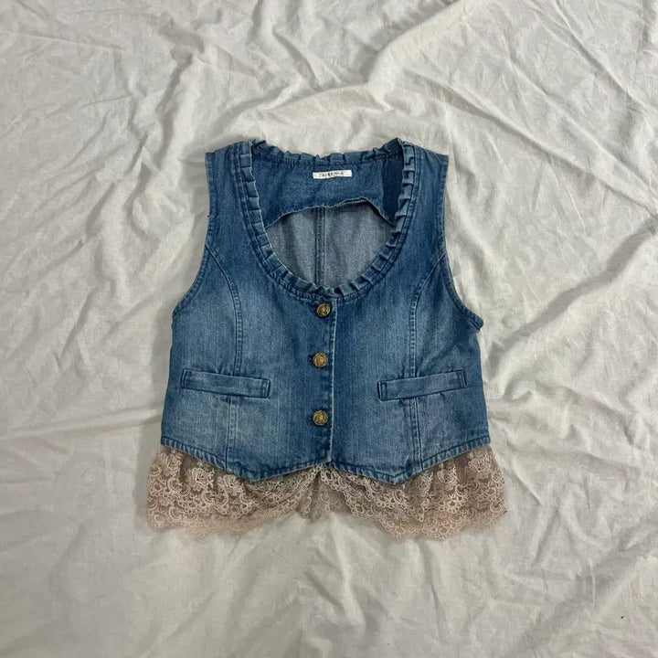[BUNJANG] Axis Farm Denim Lace Vest Mori Girl Fairycore Crop Vest / 엑시즈팜 데님 청 레이스 베스트 크롭 조끼 모리걸 페어리코어