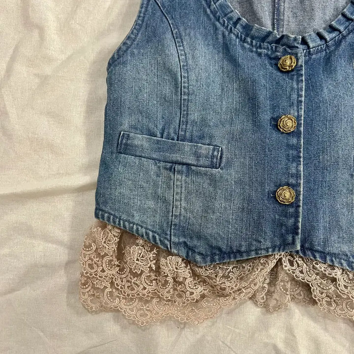 [BUNJANG] Axis Farm Denim Lace Vest Mori Girl Fairycore Crop Vest / 엑시즈팜 데님 청 레이스 베스트 크롭 조끼 모리걸 페어리코어