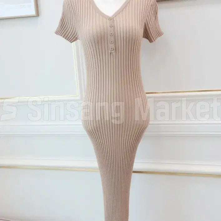 [BUNJANG] Button Short Sleeve Knit Ribbed Midi Dress / [빠른발송] 단추반팔ops 골지 니트 스판 섹시 또또