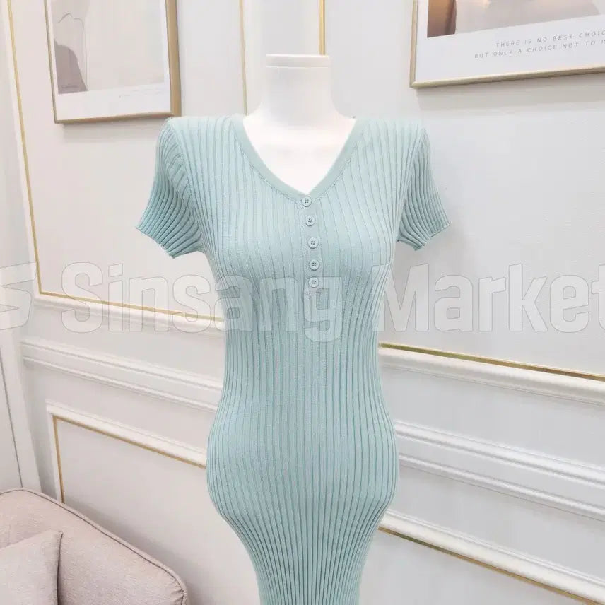[BUNJANG] Button Short Sleeve Knit Ribbed Midi Dress / [빠른발송] 단추반팔ops 골지 니트 스판 섹시 또또